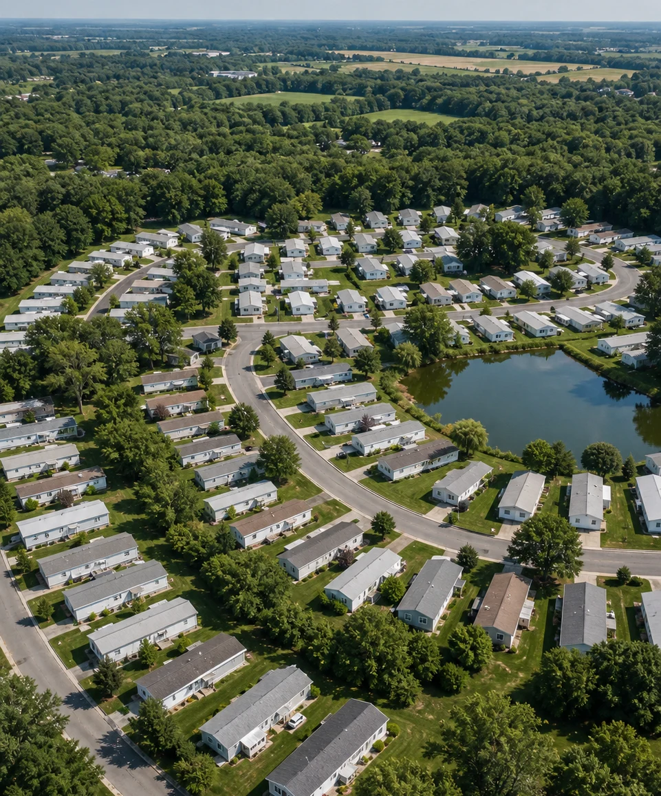 Illustrative aerial view of a North American mobile home community
